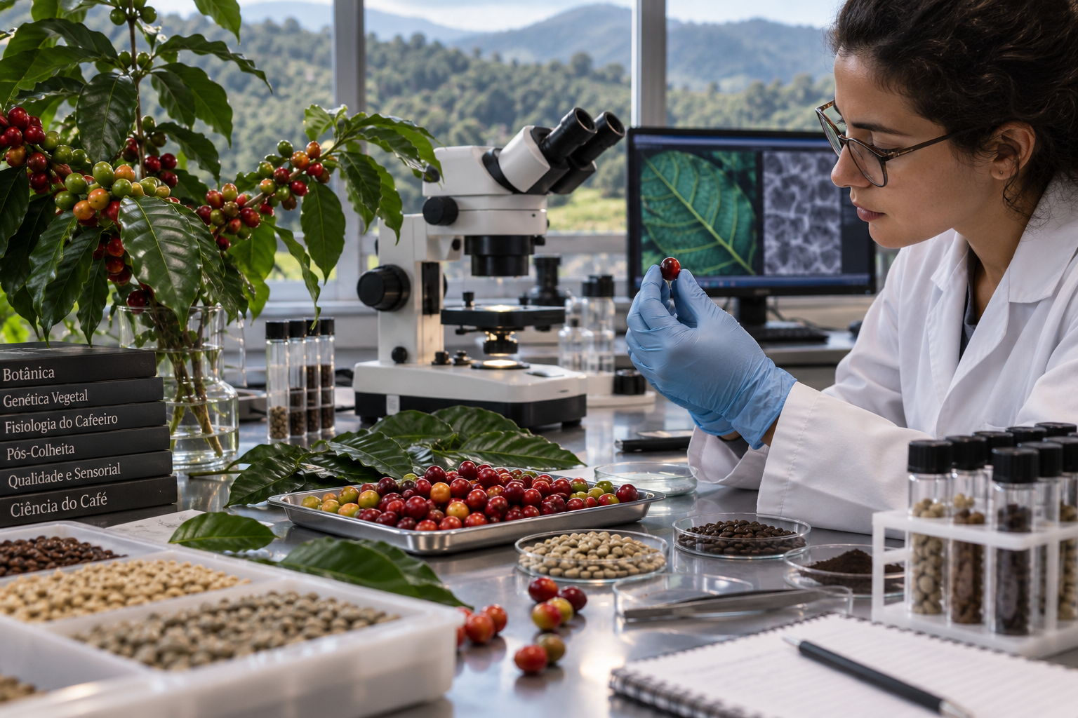 A pesquisa científica investiga o café em diferentes escalas, da planta e seus frutos às características dos grãos e às transformações que ajudam a explicar aquilo que chega à xícara.