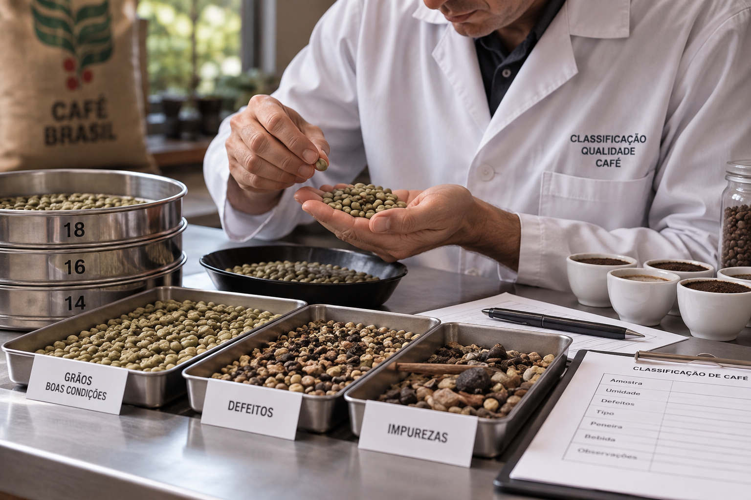 A classificação reúne diferentes observações sobre uma amostra de café, da avaliação física dos grãos às características da bebida.