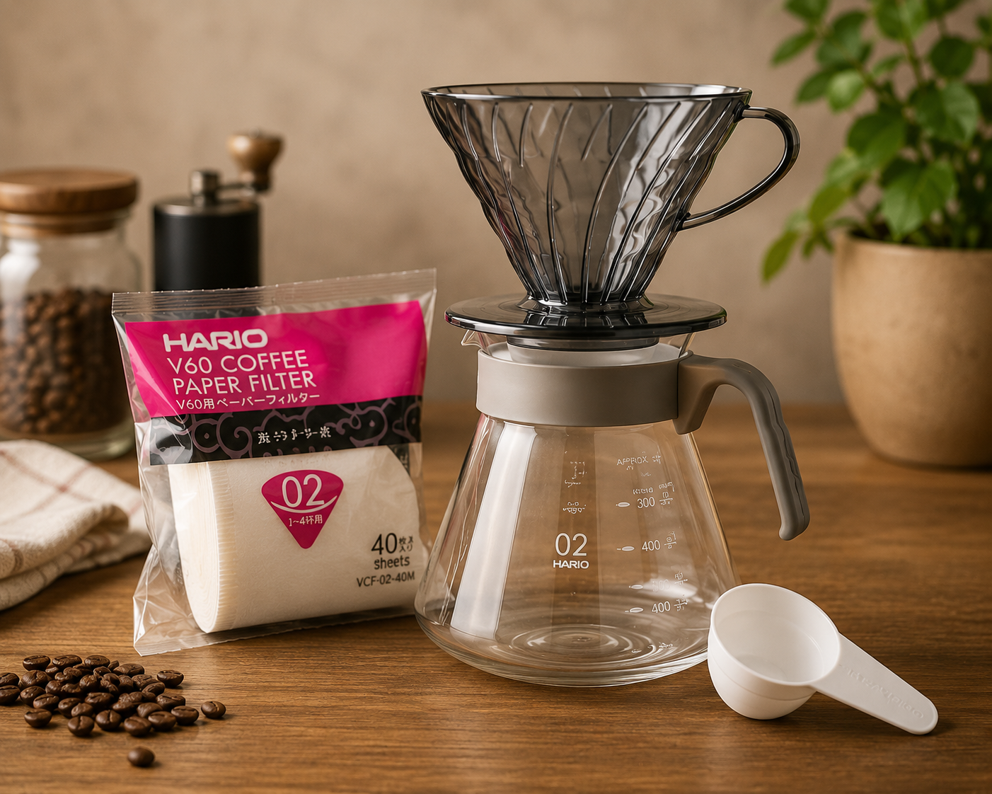 Kit Hario V60-02 com coador, jarra de vidro, filtros de papel e colher medidora