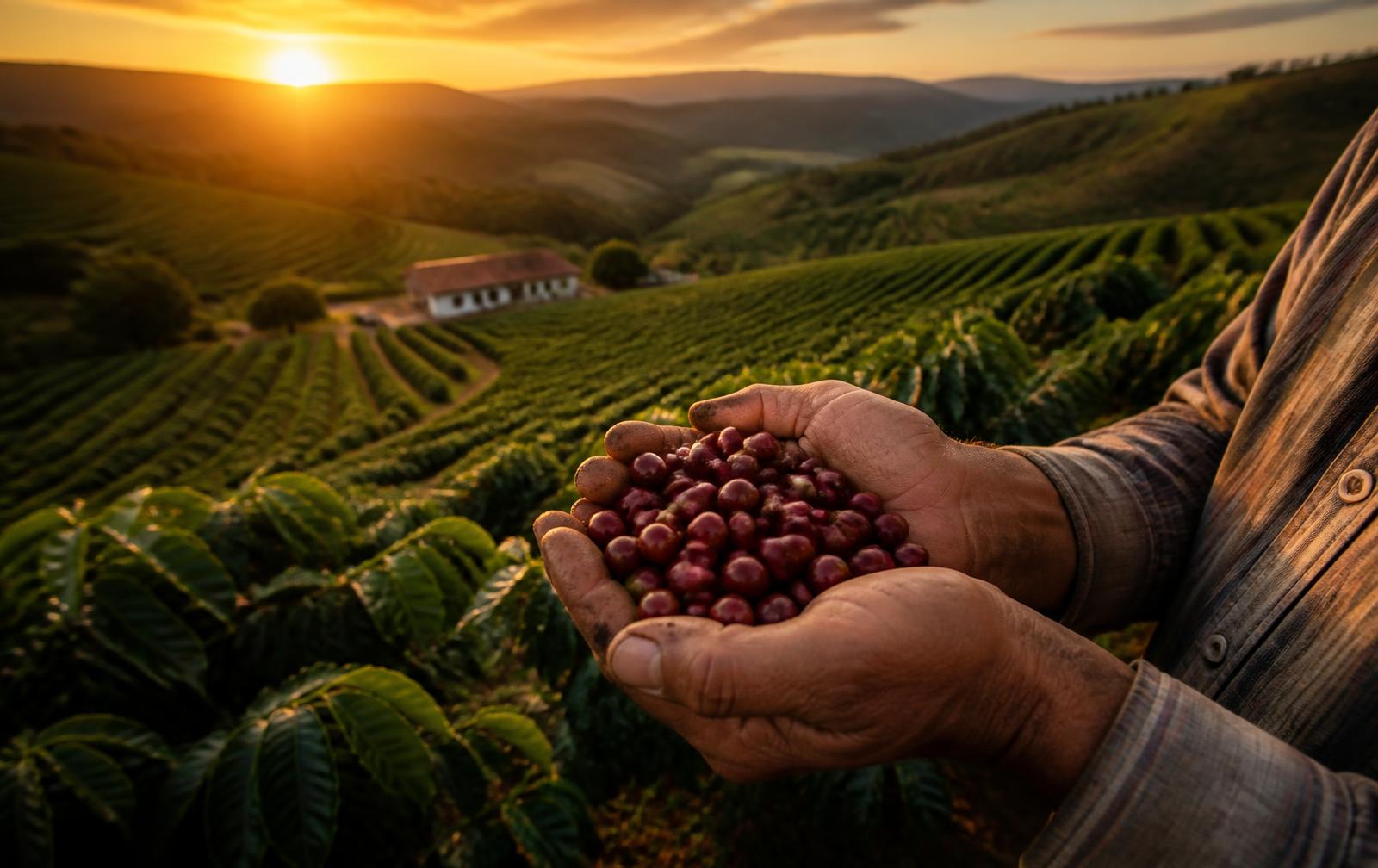 Frutos maduros colhidos em lavoura de encosta — a etapa que define o teto de qualidade do lote.