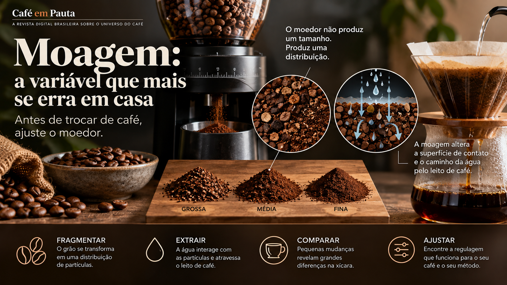 A moagem não produz partículas idênticas: ela cria uma distribuição de tamanhos que modifica a superfície disponível, o fluxo da água e as condições de extração.